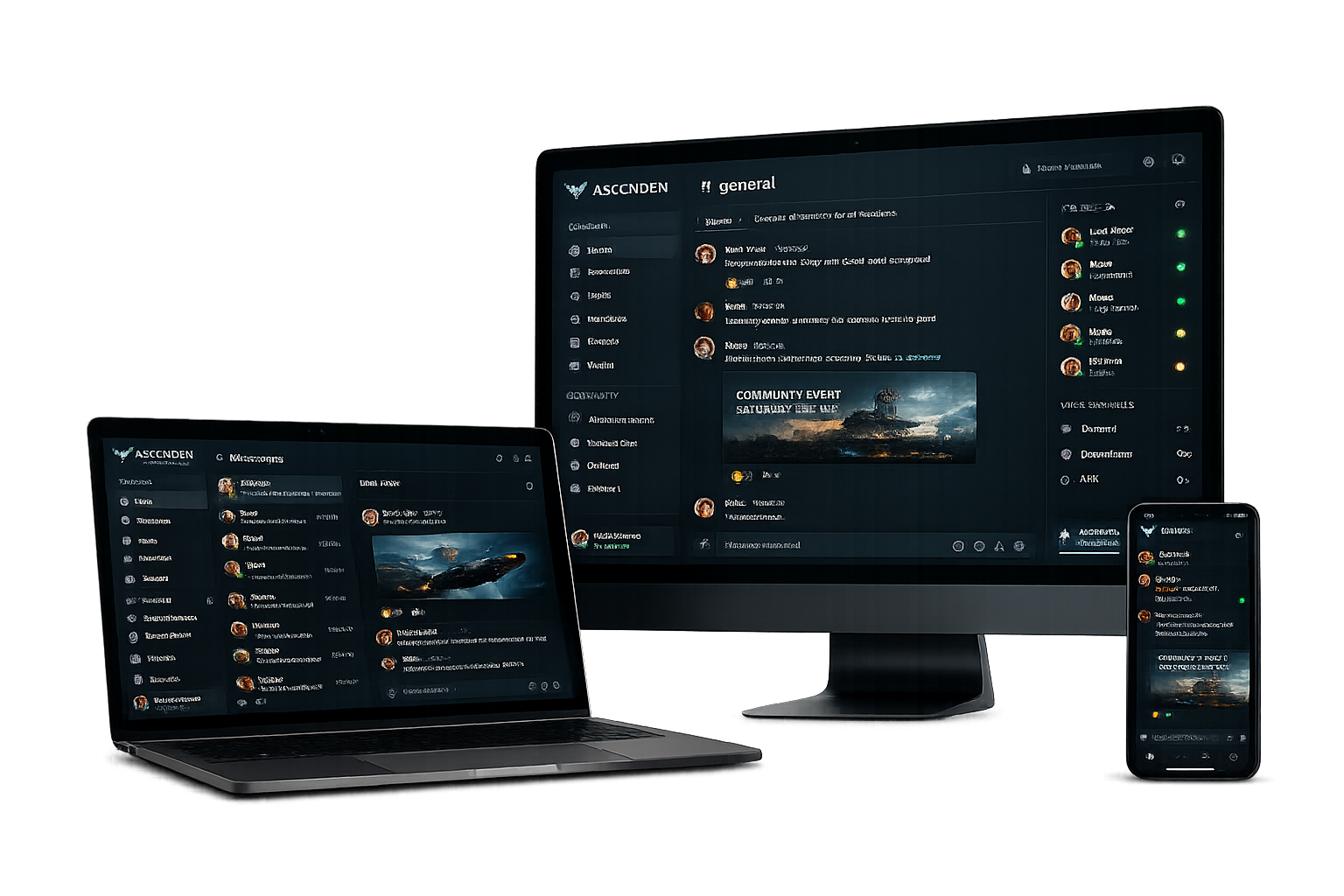Cross Platform Communications System shown across desktop, laptop, and phone screens
